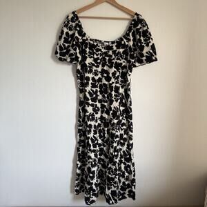 Gap NWT Puff Sleeve Smocked Midi Dress Black White Floral Large Cottage Prairie